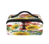 Sunflower Poppy Flower Summer Travel Makeup Bag Portable Waterproof Pouch Open Flat Toiletry Bags Toiletries Cosmetics Traveling Organizer for Women Men