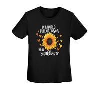Sunflower Print Shirt Women's Casual Short Sleeve Neck Top T-Shirt Funny Sunflower Hearts Print with Inspirational Gifts Shirts for Women Clothing L