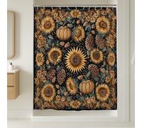 Sunflower Pumpkin Shower Curtain, Autumn Black Floral Bathroom Decor, Fall Rustic Vintage Waterproof Fabric Shower Curtain with Hooks 54x78 Inch