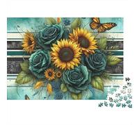 Sunflower Rose Butterfly 1000 Pieces Puzzles Beautiful View Sunflower Teal Rose Decoration Puzzle Educational Game Gifts Puzzles for Adults Jigsaw Puzzles for Adults 38x26cm/1000pcs