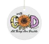 Sunflower Scripture Christmas Tree Ornaments, Matthew 19:26 With God All Things Are Possible Ceramic Memorial Souvenir, Funny Circle Hanging Ornament for Home Decor, Stocking Stuffer Gifts, 7.5CM
