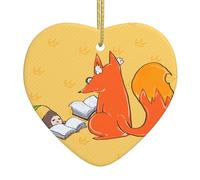 Sunflower Seeds and Foxes Ceramic Christmas Heart Pendant, The Pottery Piece is Available with Silk Thread