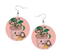Sunflower Seeds And Strawberries Prints Leather Round Earrings Pendant Stylish And Light Lightweight Dangle For Women Girls, One Size, Leather, No Gemstone