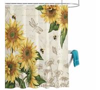 Sunflower Shower Curtain for Bathroom, Watercolor Spring Yellow Sunflowers Floral Leaf Bees Dragonfly Beige Waterproof Cloth Fabric Bathroom Accessories Set with 12 Rust Proof Plastic Hooks, 56” x 78”