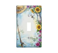 Sunflower Single Light Switch Cover Plate, Nature Rustic Dragonfly Fishing Rod Summer Yellow Plastic Standard Size Switch Plate Decorative for New Apartment Home Bedroom Office Decor (Single)