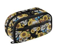 Sunflower Skeleton Black Pencil Case, College & Study, Water-Repellent