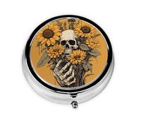 Sunflower Skeleton Small Pill Box 3 Compartment Portable Pill Box for Purse Pocket Skull Flower Mini Medicine Organiser for Daily Vitamin Fish Oil Storage