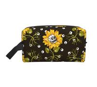 Sunflower Skull Eyes Cosmetic Bag for Women, Sugar Skull Flower Makeup Bag Portable Toilet Organizer Pouch Travel Accessories Gift