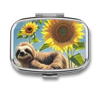 Sunflower Sloth Pill Case Travel Portable Pocket Pill Box 2 Compartment Medicine Case Large Capacity Daily Pill Cases Vitamin Organizer Medicine Organizer Small Pill Box