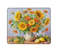 Sunflower Small Mouse Pad, Floral Rustic Lemon Zinnia Summer Yellow Square Rubber Washable Stitched Edge Cloth Mousepad Desk Accessories for Gaming Computer Laptop Square 8x10 Inch