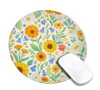 Sunflower Small Mouse Pad, Spring Floral Chrysanthemum Bluebell Spring Yellow Round Rubber Non Slip Portable Travel Mousepad Desk Decor for Office Home Dorm Laptop Round 8x8 Inch