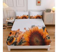Sunflower Small Single Fitted Sheet Flowers Microfibre Bedding Sets 3pcs Sheets Deep Pocket 30cm with 2 Pillowcase, Bed Cover (75x190cmx30cm) sd1437