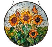 Sunflower Stained Glass Window Hanging Suncatcher, Round Floral Panel with Butterfly, Colourful Window Decor for Home Garden Conservatory Wall, Nature Lover Gift for Mum Grandma