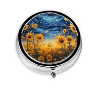 Sunflower Starry Sky Small Pill Box 3 Compartment Portable Pill Box for Purse Pocket Galaxy Universe Mini Medicine Organiser for Daily Vitamin Fish Oil Storage