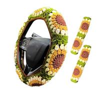 Sunflower Steering Wheel Cover - Crochet Knitted Protector, Soft Anti Slip Handle Wrap, Stunning Floral Embroidery Style | Universal Car Interior Decoration for Year Round Driving Gift Use