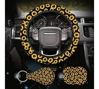 Sunflower Steering Wheel Cover Dreams Car Set: Women's Delightful Yellow Accessories with Cute Stuff Featuring Wheel Cover, Adorable Keychain,2 Car Cup Holder for a Cute and Vibrant Driving Experience