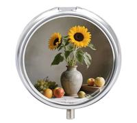 Sunflower Still Life Pill Box Travel Pill Organizer 3-Compartment with Mirror Design Portable Round Medicine Case for Vitamins, Jewelry & Essentials Durable Pocket Pillcase for Purse, Camping