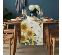 Sunflower Table Runner 13x120 inch Watercolor Spring Yellow Sunflowers Floral Leaf Bees Dragonfly Beige Cotton Linen Dining Table Runner Ideal for Dresser Kitchen Coffee Tables - Machine Washable