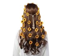 Sunflower Tassel Headband Daisy Flower Hair Crown Adjustable Bohemian Flower Hair Wreath Summer Boho Flower Headpiece Garland Hair Accessory for Travel Beach Party Yellow