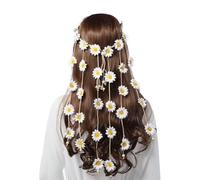Sunflower Tassel Headband Daisy Flower Hair Crown Adjustable Bohemian Flower Hair Wreath Summer Boho Flower Headpiece Garland Hair Accessory for Travel Beach Party White