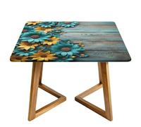 Sunflower Teal Square Tablecloth with Elastic Edgs Vintage Wooden Board Fitted Table Cover Waterproof Topper Cap for Dining Wedding Party Picnic 100cm