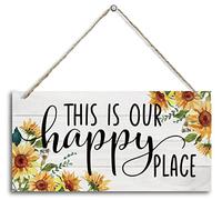 Sunflower Theme Wood Decor Sign, This Is Our Happy Place, Hanging Printed Wooden Plaque Decor, Rustic Home Décor Sign, Entryway Wall Decor, Hanging Plaques for Foyer Farmhouse Hostel Sign 12x6 inch