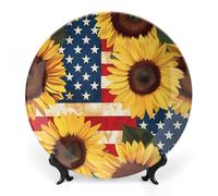 Sunflower U.S. Flag Bone China Decorative Plate Ceramic Plates Wall Decor with Display Stand 8inch