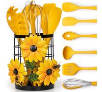 Sunflower Utensil Caddy with Silicone Cooking Utensils Set 6PCS, Canister Holder Sunflower Kitchen Decor and Accessories Theme Set Counter Yellow Kitchen Decor Country Crock Organizer Gifts for Women