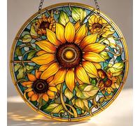 Sunflower Wall Art - Garden Decorations Outdoor, Acrylic Hanging Ornament with Tiffany Style Stained Glass Design, UV Resistant & Waterproof for Patio, Home, Party (20x20cm, Yellow)