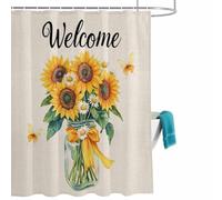 Sunflower Welcome Shower Curtain for Bathroom, Daisy Butterfly Yellow Bow Retro Linen Waterproof Cloth Fabric Bathroom Accessories Set with 12 Rust Proof Plastic Hooks, 72” x 96”