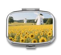 Sunflower Windmill Field Pill Box Travel Pill Organizer 2-Compartment with Mirror Design Portable Square Medicine Case for Vitamins, Jewelry & Essentials Durable Pocket Pillcase for Purse, Camping