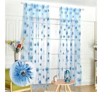Sunflower Window Curtain, 2PCS Sun Flower Floral Voile Sheer Curtain Panels Tulle Room Salix Leaf Sheer Gauze Curtain for Living Room, Bedroom, Balcony - Rod Pocket Top (Blue Flower, 100*200cm)