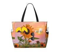 Sunflower with Sunset Print Large Waterproof Beach Tote Bag for Women with Zip and Pockets Foldable Handbag for Travel Pool Shopping Holiday Gym
