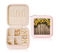 Sunflower Wooden Small Jewellery Box Rustic Flower PU Leather Travel Jewellery Organizer for Women Girls Storage Case for Rings Earrings Necklaces Bracelets