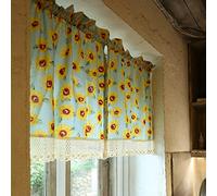 Sunflower Yellow Blue Cotton Linen Window Curtain 2 Panels with Lace Kitchen Bistro Cafe Half Curtain Sheer Valance for Small Windows & Doors Wardrobe Decor