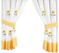 Sunflower Yellow Embroidered Gingham Kitchen Curtains 46" X 42"