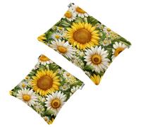 Sunflowers and White Chamomile Flowers Pocket Cosmetic Bag, Waterproof Squeeze Makeup Bag No Zipper Self-Closing, Portable Mini Travel Storage for Headphones Jewelry