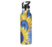 Sunflowers Blue Yellow Flower Water Bottle Stainless Steel Drink Flask with Straw Cap Insulated Bottle for Boys Girls Sports 20 oz (600 ml)
