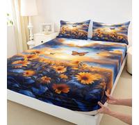 Sunflowers Butterfly Bedding Set for Girls Boys Country Rustic Style Fitted Sheet Floral Sunset Oil Painting Bed Cover Room Decor Navy Blue Orange Sheet Set with 2 Pillowcase,No Top Flat,Double