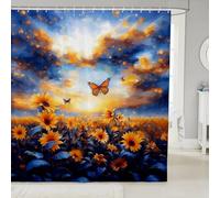 Sunflowers Butterfly Shower Curtain for Stalls Bathtubs Country Rustic Style Bathroom Shower Curtain Set Floral Sunset Oil Painting Bath Curtains Navy Blue Orange Waterproof Curtains 72x72 Inch