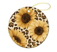 Sunflowers Classic Leopard Print on Light Beige Christmas Tree Hanging Ornaments,2 Pieces, 7.2CM Round Double-Sided