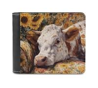Sunflowers Cow Lies on Sofa Men's Leather Wallet Bifold Purse Card Holder Slim Money Clip Single-Sided Print