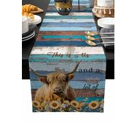 Sunflowers Cow Table Runner 72 Inches Long, Blue Brown Wooden Blank Cabin Retro Washable Kitchen Decorations Dining Burlap Table Runner for Home Party, Restaurant, Indoor and Outdoor Dinner, 13x72in