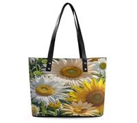 Sunflowers Daisy Rose Flowers Tote Bag Large Soft Leather Purse with Zipper Lightweight Ladies Shoulder Handbag