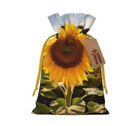 Sunflowers Flower Printed Christmas Drawstring Bags Reusable Xmas Bag for Party Xmas Gift Wrapping, Yellow Ribbon, S