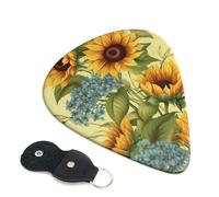 Sunflowers Guitar Picks 6 Pack with Leather Guitar Pick Holder Keychain, Plectrum Key Fob Cases Bag, Abstract Art Plectrum for Acoustic Electric Guitar, Ukulele 0.71mm