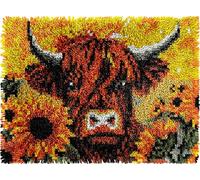 Sunflowers Highland Cow Latch Hook Kits Rug DIY Cushion Tapestry Making Crochet Hook Rug Making Kits with Color Preprinted Pattern Canvas Rug Cushion Carpet Needlework Crochet Kits 52x38cm (J159)