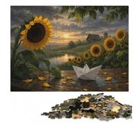 Sunflowers in the Rain with Paper Boat Jigsaw Puzzle, 1000 Pieces | Year-end puzzle gift for adults: activity for family time.