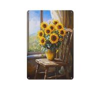 Sunflowers on A Chair Tin Metal Signs Wall Art Decorations for Bar Pub Club Cafe Room Farmhouse White 30x20cm