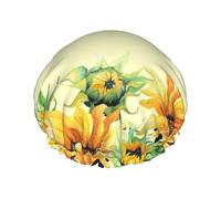 Sunflowers On A Yellow Background Shower Caps for Women Reusable Waterproof Soft Shower Hat Double Protection Layers
